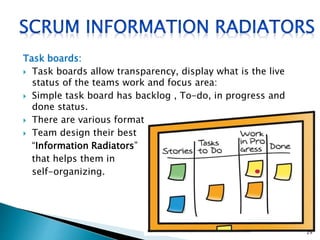 Task boards:
 Task boards allow transparency, display what is the live
status of the teams work and focus area:
 Simple task board has backlog , To-do, in progress and
done status.
 There are various format.
 Team design their best
“Information Radiators”
that helps them in
self-organizing.
29
 