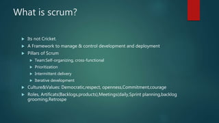 What is scrum?
 Its not Cricket.
 A Framework to manage & control development and deployment
 Pillars of Scrum
 Team:Self-organizing, cross-functional
 Prioritization
 Intermittent delivery
 Iterative development
 Culture&Values: Democratic,respect, openness,Commitment,courage
 Roles, Artificats(Backlogs,products),Meetings(daily,Sprint planning,backlog
grooming,Retrospe
 