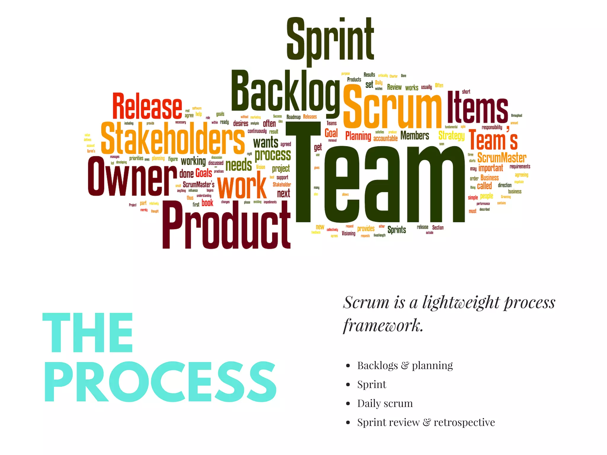 THE
PROCESS
Scrum is a lightweight process
framework. 
Backlogs & planning
Sprint 
Daily scrum 
Sprint review & retrospective
 