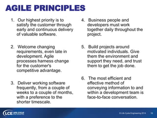10© Life Cycle Engineering 2014
AGILE PRINCIPLES
1. Our highest priority is to
satisfy the customer through
early and continuous delivery
of valuable software.
2. Welcome changing
requirements, even late in
development. Agile
processes harness change
for the customer's
competitive advantage.
3. Deliver working software
frequently, from a couple of
weeks to a couple of months,
with a preference to the
shorter timescale.
4. Business people and
developers must work
together daily throughout the
project.
5. Build projects around
motivated individuals. Give
them the environment and
support they need, and trust
them to get the job done.
6. The most efficient and
effective method of
conveying information to and
within a development team is
face-to-face conversation.
 
