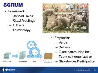 29© Life Cycle Engineering 2014
SCRUM
• Framework:
– Defined Roles
– Ritual Meetings
– Artifacts
– Terminology
• Emphasis:
– Value
– Delivery
– Open communication
– Team self-organization
– Stakeholder Participation
 