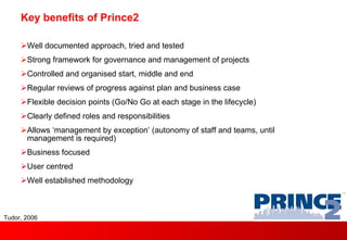 Key benefits of Prince2 Well documented approach, tried and tested Strong framework for governance and management of projects Controlled and organised start, middle and end Regular reviews of progress against plan and business case Flexible decision points (Go/No Go at each stage in the lifecycle) Clearly defined roles and responsibilities Allows ‘management by exception’ (autonomy of staff and teams, until management is required) Business focused User centred Well established methodology Tudor, 2006 