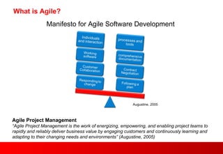What is Agile?  Agile Project Management  “ Agile Project Management is the work of energizing, empowering, and enabling project teams to rapidly and reliably deliver business value by engaging customers and continuously learning and adapting to their changing needs and environments” (Augustine, 2005) Manifesto for Agile Software Development Augustine, 2005 