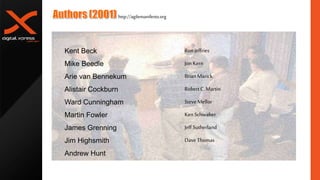 http://agilemanifesto.org
Kent Beck
Mike Beedle
Arie van Bennekum
Alistair Cockburn
Ward Cunningham
Martin Fowler
James Grenning
Jim Highsmith
Andrew Hunt
Ron Jeffries
Jon Kern
BrianMarick
Robert C.Martin
Steve Mellor
Ken Schwaber
Jeff Sutherland
Dave Thomas
 