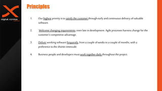 1. Ourhighest priorityis to satisfy the customer through early andcontinuous delivery of valuable
software.
2. Welcome changing requirements, even late in development. Agile processes harness change for the
customer's competitive advantage.
3. Deliver working software frequently, froma couple ofweeks toa couple ofmonths, with a
preference tothe shorter timescale.
4. Business people anddevelopers must worktogether daily throughout the project.
 