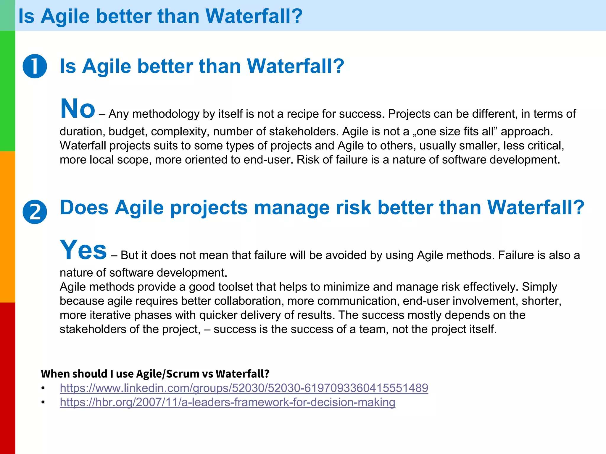 www.plays-in-business.com
www.Plays-in-Business.com
Agile & Waterfall: Project Success and Failure Rates
Successful Challenged Failed
Agile 39% 52% 9%
Waterfall 11% 60% 29%
Successful: Delivered on time and on budget, with required features and functions.
Challenged: Late and over budget, or with fewer than the required features and functions.
Failed: Canceled prior to completion or the product was delivered but never used.
https://www.infoq.com/articles/standish-chaos-2015
https://www.scrumalliance.org/community/articles/2015/october/adopt-scrum-for-competitive-advantage
 