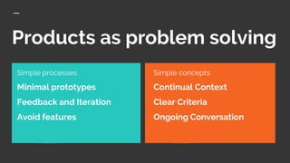 Products as problem solving
Simple concepts:
Continual Context
Clear Criteria
Ongoing Conversation
Simple processes:
Minimal prototypes
Feedback and Iteration
Avoid features
 