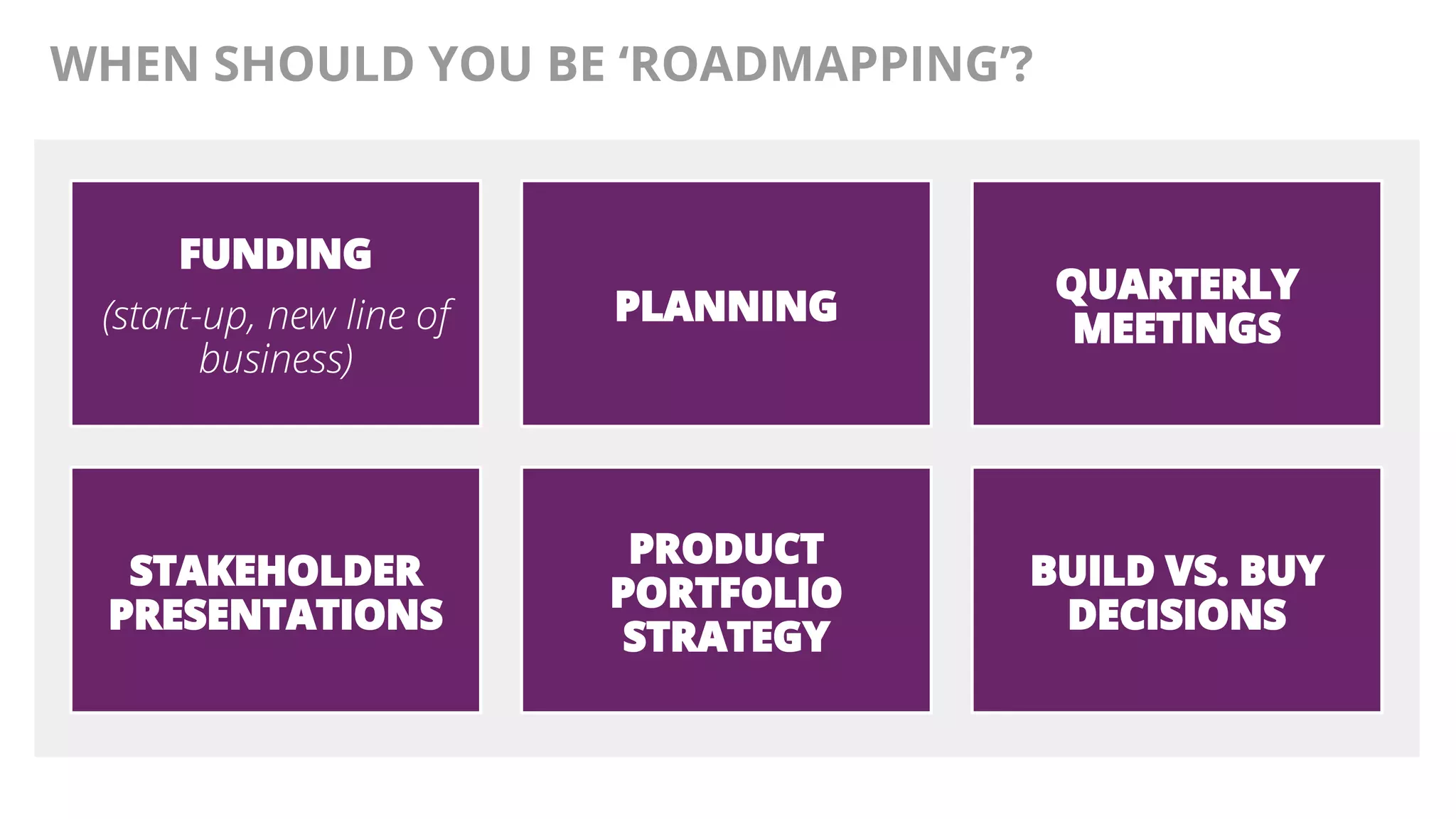 @AndyBirds@AndyBirds
WHEN SHOULD YOU BE ‘ROADMAPPING’?
FUNDING
(start-up, new line of
business)
PLANNING
QUARTERLY
MEETINGS
STAKEHOLDER
PRESENTATIONS
PRODUCT
PORTFOLIO
STRATEGY
BUILD VS. BUY
DECISIONS
 