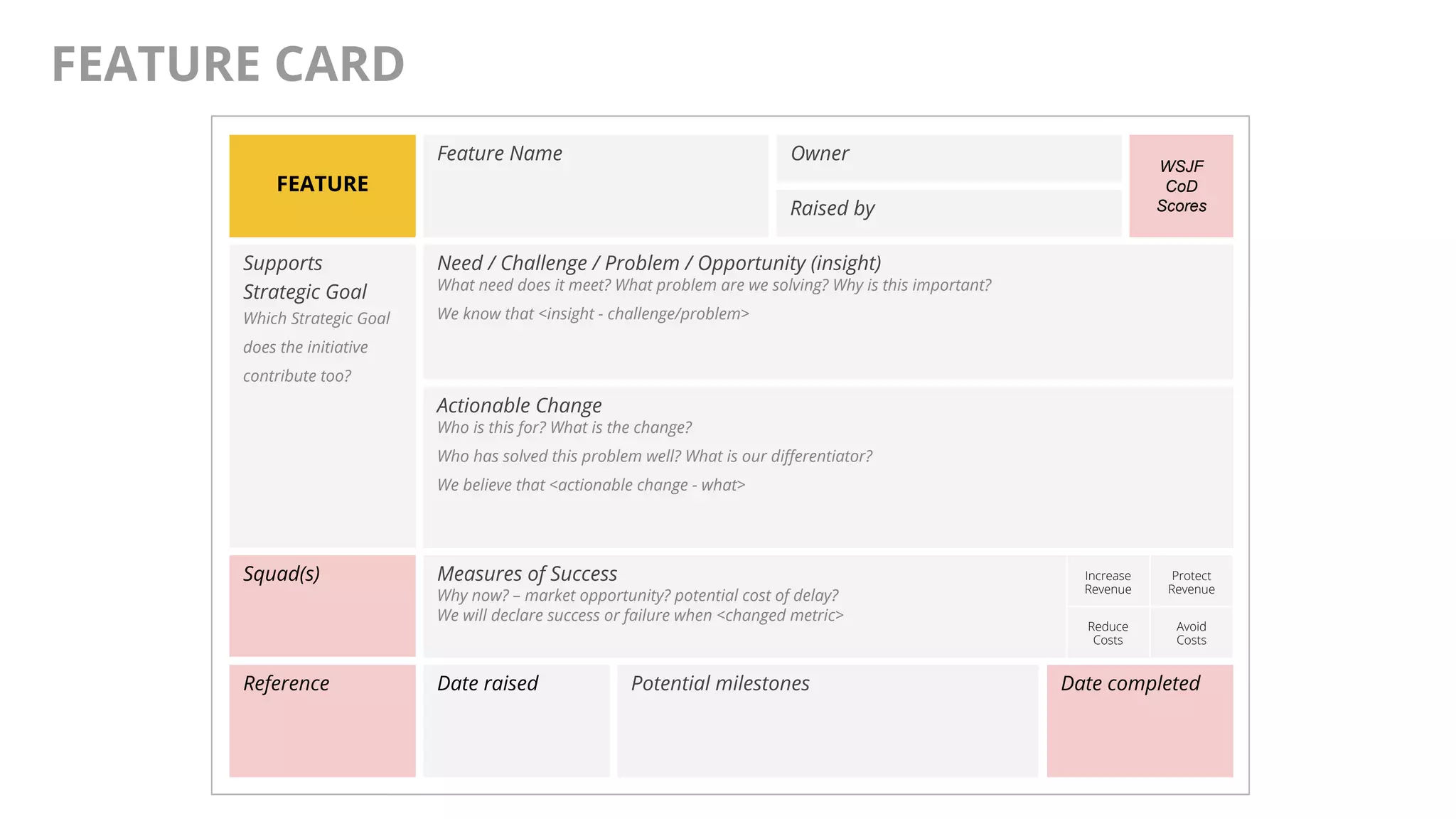 @AndyBirds@AndyBirds
FEATURE CARD
Need / Challenge / Problem / Opportunity (insight)
What need does it meet? What problem are we solving? Why is this important?
We know that <insight - challenge/problem>
Potential milestones
Feature Name
Supports
Strategic Goal
Which Strategic Goal
does the initiative
contribute too?
Reference
FEATURE
Measures of Success
Why now? – market opportunity? potential cost of delay?
We will declare success or failure when <changed metric>
WSJF
CoD
Scores
Actionable Change
Who is this for? What is the change?
Who has solved this problem well? What is our differentiator?
We believe that <actionable change - what>
Owner
Squad(s)
Date raised Date completed
Raised by
Avoid
Costs
Increase
Revenue
Reduce
Costs
Protect
Revenue
 
