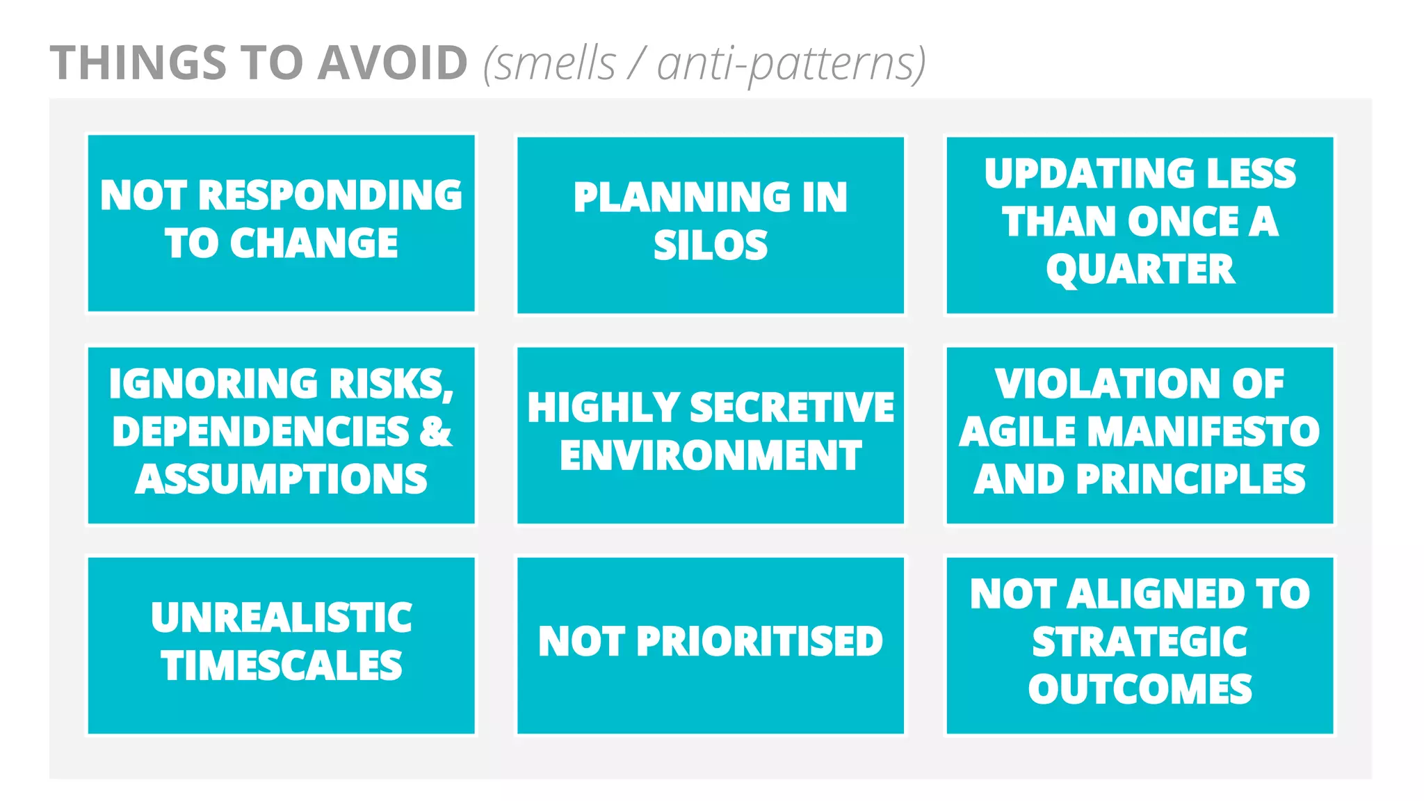 @AndyBirds@AndyBirds
THINGS TO AVOID (smells / anti-patterns)
NOT RESPONDING
TO CHANGE
PLANNING IN
SILOS
UPDATING LESS
THAN ONCE A
QUARTER
IGNORING RISKS,
DEPENDENCIES &
ASSUMPTIONS
HIGHLY SECRETIVE
ENVIRONMENT
VIOLATION OF
AGILE MANIFESTO
AND PRINCIPLES
UNREALISTIC
TIMESCALES
NOT PRIORITISED
NOT ALIGNED TO
STRATEGIC
OUTCOMES
 