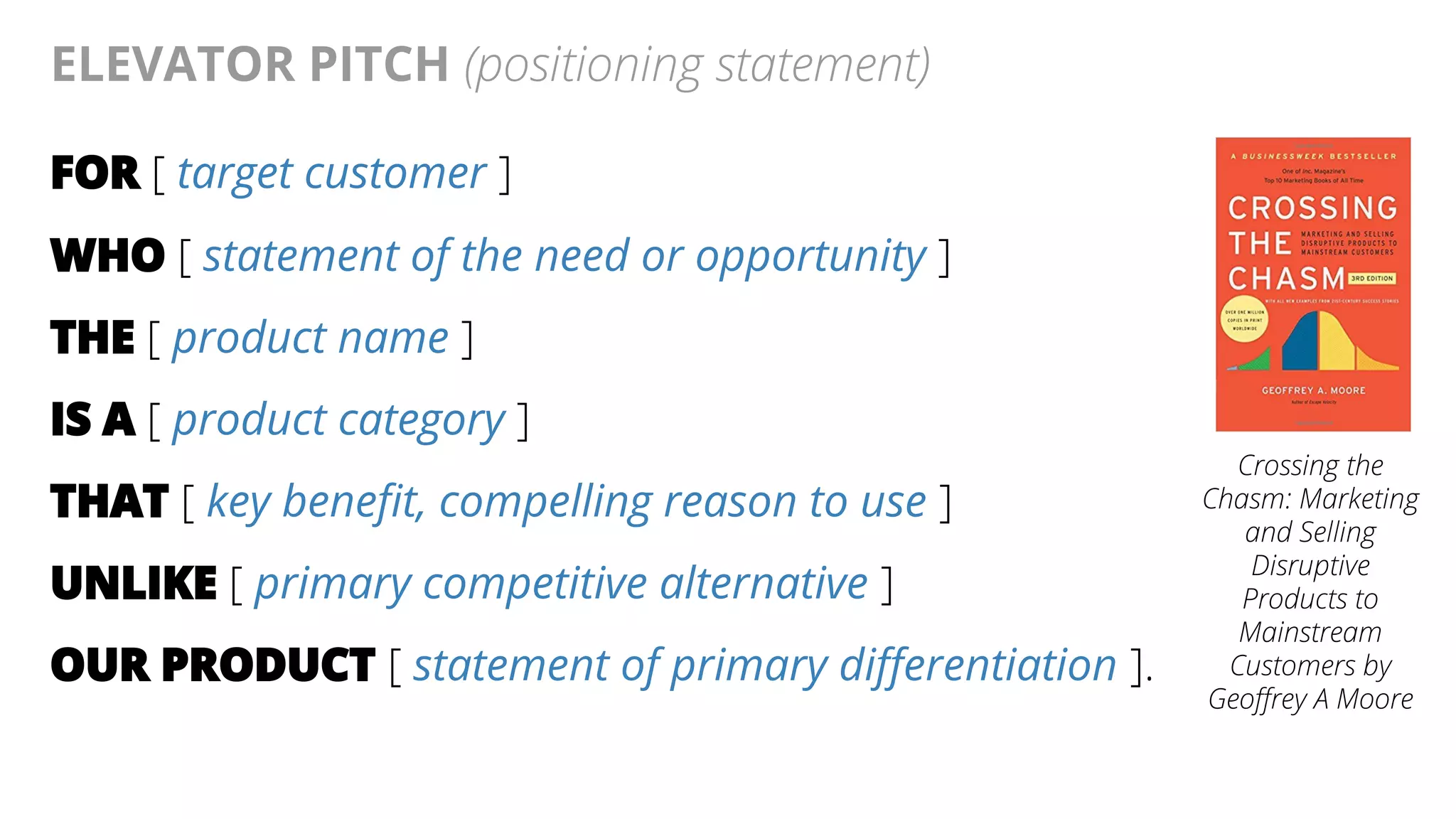 @AndyBirds@AndyBirds
ELEVATOR PITCH (positioning statement)
FOR [ target customer ]
WHO [ statement of the need or opportunity ]
THE [ product name ]
IS A [ product category ]
THAT [ key benefit, compelling reason to use ]
UNLIKE [ primary competitive alternative ]
OUR PRODUCT [ statement of primary differentiation ].
Crossing the
Chasm: Marketing
and Selling
Disruptive
Products to
Mainstream
Customers by
Geoffrey A Moore
 