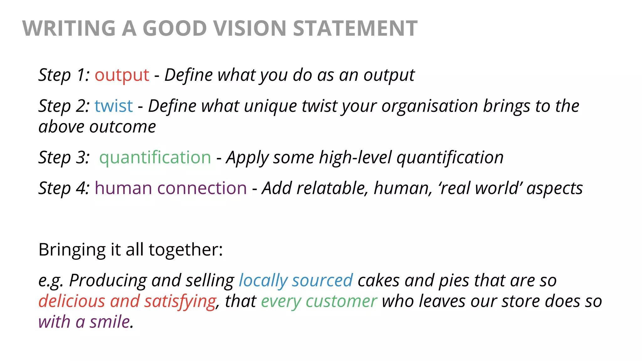 @AndyBirds@AndyBirds
WRITING A GOOD VISION STATEMENT
Step 1: output - Define what you do as an output
Step 2: twist - Define what unique twist your organisation brings to the
above outcome
Step 3:  quantification - Apply some high-level quantification 
Step 4: human connection - Add relatable, human, ‘real world’ aspects
Bringing it all together:
e.g. Producing and selling locally sourced cakes and pies that are so
delicious and satisfying, that every customer who leaves our store does so
with a smile.
 