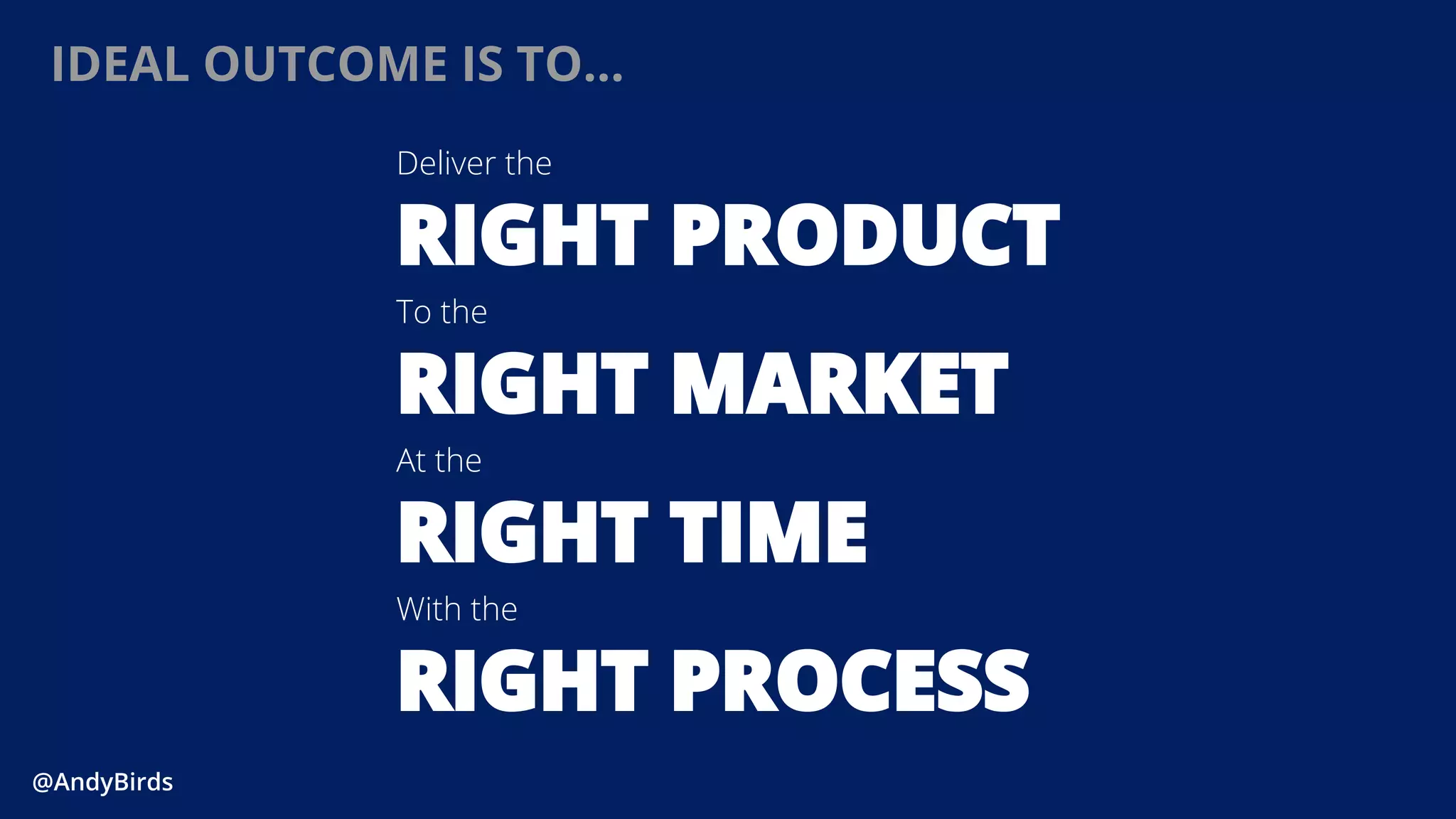 @AndyBirds@AndyBirds
IDEAL OUTCOME IS TO...
Deliver the
RIGHT PRODUCT
To the
RIGHT MARKET
At the
RIGHT TIME
With the
RIGHT PROCESS
 