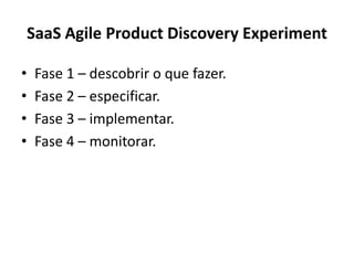 SaaS Agile Product Discovery ExperimentFase 1 – descobrir o quefazer.Fase 2 – especificar.Fase 3 – implementar.Fase 4 – monitorar.