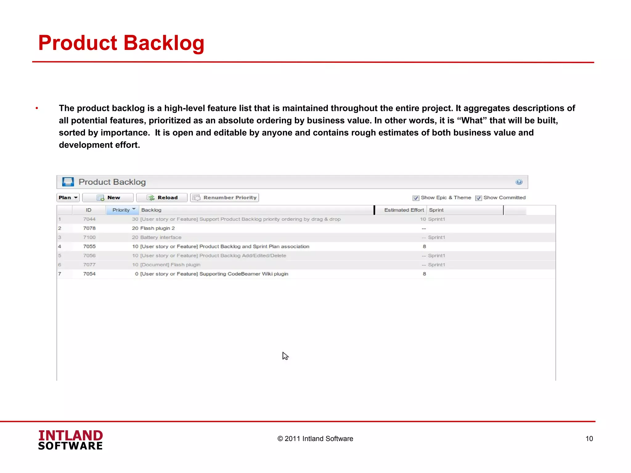 Product Backlog The product backlog is a high-level feature list that is maintained throughout the entire project. It aggregates descriptions of all potential features, prioritized as an absolute ordering by business value. In other words, it is “What” that will be built, sorted by importance.  It is open and editable by anyone and contains rough estimates of both business value and development effort.  © 2011 Intland Software 