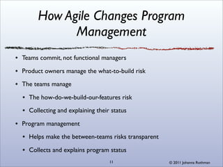 How Agile Changes Program
           Management
Teams commit, not functional managers

Product owners manage the what-to-build risk

The teams manage

  The how-do-we-build-our-features risk

  Collecting and explaining their status

Program management

  Helps make the between-teams risks transparent

  Collects and explains program status
                                 11                © 2011 Johanna Rothman
 