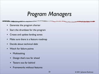 Program Managers
Generate the program charter
Start the drumbeat for the program
Create and update landing zones
Make sure there is a feature roadmap
Decide about technical debt
Watch for failure points
   Multitasking
   Design that’s too far ahead
   Testers too far behind
   Frameworks without features
                                       23   © 2011 Johanna Rothman
 
