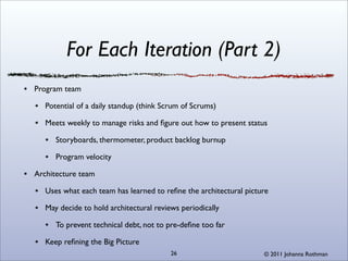 For Each Iteration (Part 2)
Program team

   Potential of a daily standup (think Scrum of Scrums)

   Meets weekly to manage risks and ﬁgure out how to present status

      Storyboards, thermometer, product backlog burnup

      Program velocity

Architecture team

   Uses what each team has learned to reﬁne the architectural picture

   May decide to hold architectural reviews periodically

      To prevent technical debt, not to pre-deﬁne too far

   Keep reﬁning the Big Picture
                                         26                        © 2011 Johanna Rothman
 