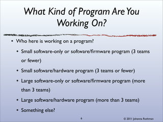 What Kind of Program Are You
          Working On?
Who here is working on a program?
  Small software-only or software/ﬁrmware program (3 teams
  or fewer)
  Small software/hardware program (3 teams or fewer)
  Large software-only or software/ﬁrmware program (more
  than 3 teams)
  Large software/hardware program (more than 3 teams)
  Something else?
                            6                  © 2011 Johanna Rothman
 
