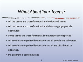 What About Your Teams?
All the teams are cross-functional and collocated teams
All the teams are cross-functional and they are geographically
distributed
Some teams are cross-functional. Some people are dispersed
All people are organized by function and all people are collocated.
All people are organized by function and all are distributed or
dispersed.
My program is something else
                                8                    © 2011 Johanna Rothman
 
