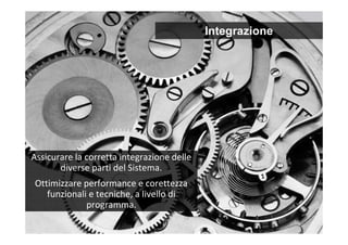 14
Assicurare la corretta integrazione delle
diverse parti del Sistema.
Ottimizzare performance e corettezza
funzionali e tecniche, a livello di
programma.
Integrazione
 