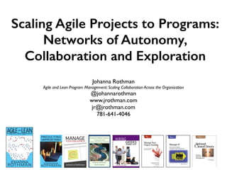 Scaling Agile Projects to Programs:
Networks of Autonomy,
Collaboration and Exploration
Johanna Rothman
Agile and Lean Program Management: Scaling Collaboration Across the Organization
@johannarothman
www.jrothman.com
jr@jrothman.com
781-641-4046
 