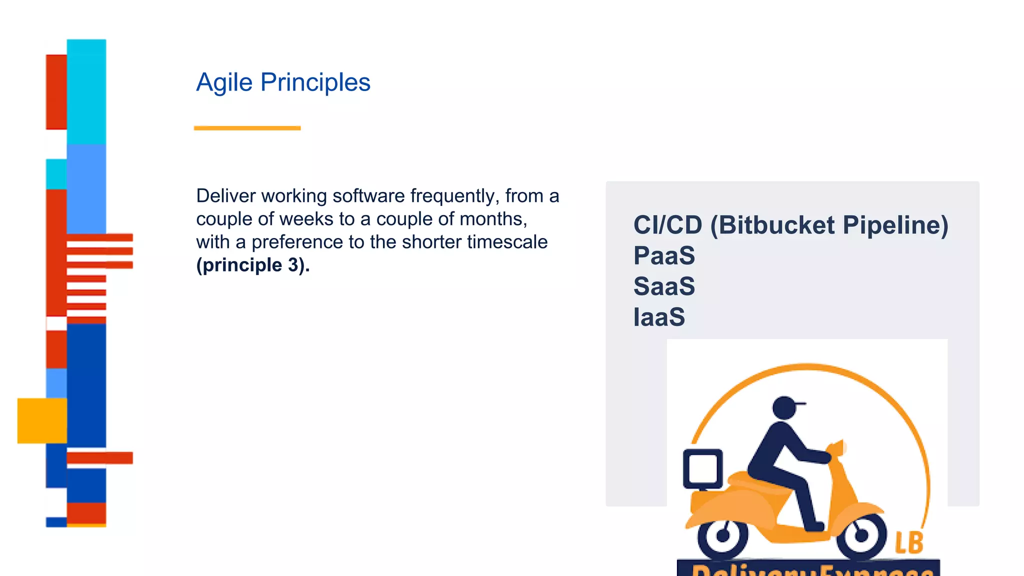 Agile Principles
CI/CD (Bitbucket Pipeline)
PaaS
SaaS
IaaS
Deliver working software frequently, from a
couple of weeks to a couple of months,
with a preference to the shorter timescale
(principle 3).
 
