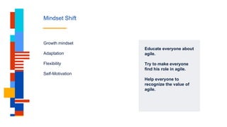 Mindset Shift
Educate everyone about
agile.
Try to make everyone
find his role in agile.
Help everyone to
recognize the value of
agile.
Growth mindset
Adaptation
Flexibility
Self-Motivation
 