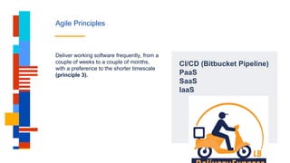 Agile Principles
CI/CD (Bitbucket Pipeline)
PaaS
SaaS
IaaS
Deliver working software frequently, from a
couple of weeks to a couple of months,
with a preference to the shorter timescale
(principle 3).
 
