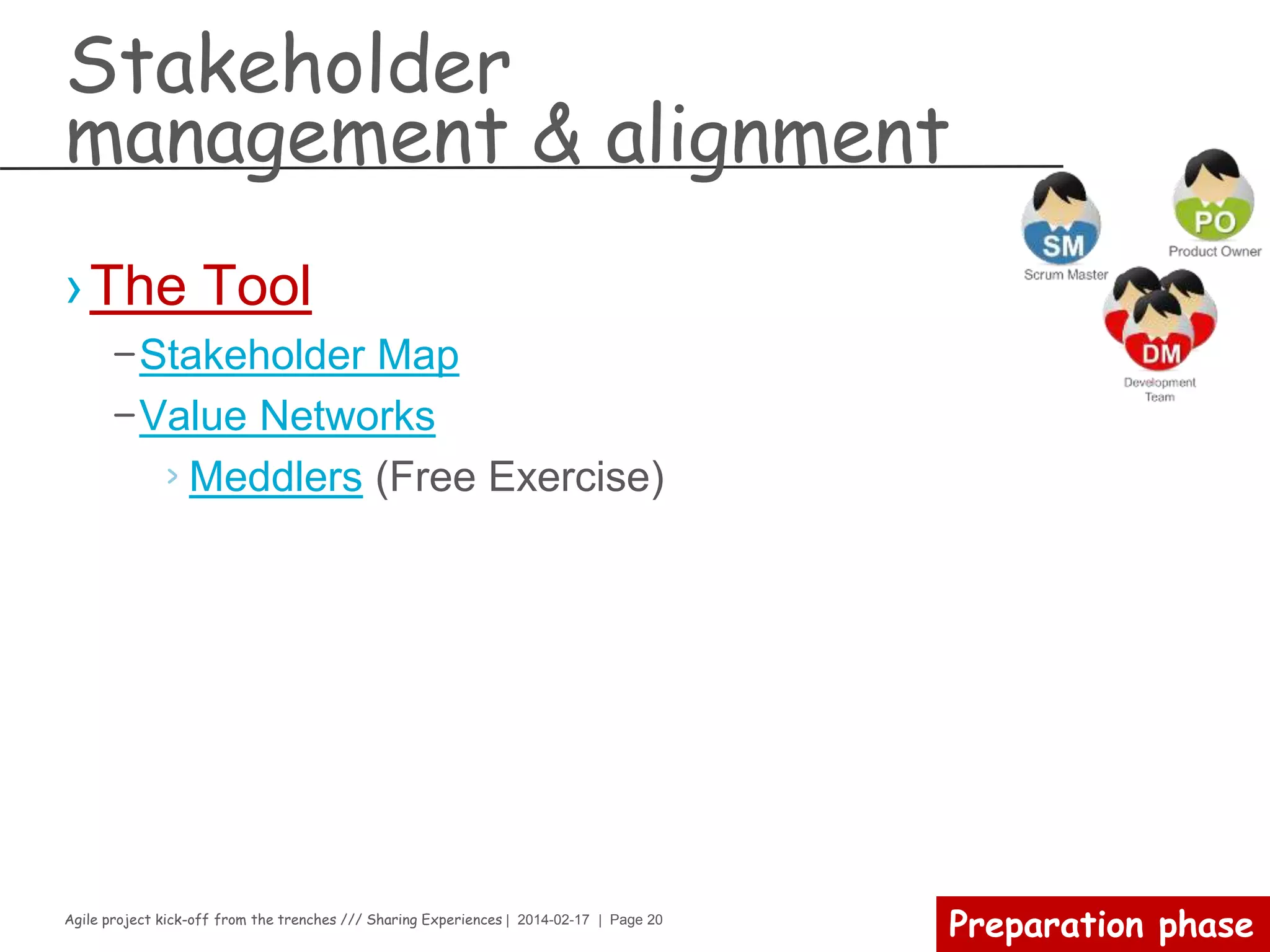 Agile project kick-off from the trenches /// Sharing Experiences | 2014-02-17 | Page 20
Preparation phase
Scope & Vision
› Start with WHY first
› What do we want to accomplish
› Imagine what the product will be like when it is
‘finished.’
› Describe this finished state and publish it.
› Explain the business value and opportunity exist
for your product to your audience
› Use an elevator pitch concept (see next slide)
 