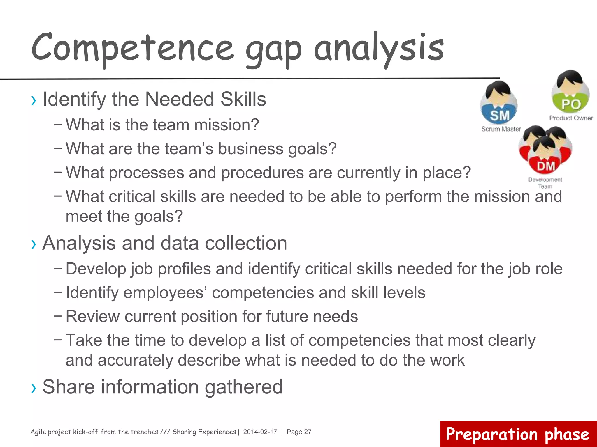 Agile project kick-off from the trenches /// Sharing Experiences | 2014-02-17 | Page 27
Preparation phase
Continuous integration
› Maintain a Single Source Repository
› Automate the Build
› Make Your Build Self-Testing
› Everyone Commits To the Mainline Every Day
› Every Commit Should Build the Mainline on an Integration
Machine
› Keep the Build Fast
› Test in a Clone of the Production Environment
› Make it Easy for Anyone to Get the Latest Executable
› Everyone can see what's happening
› Automate Deployment
 