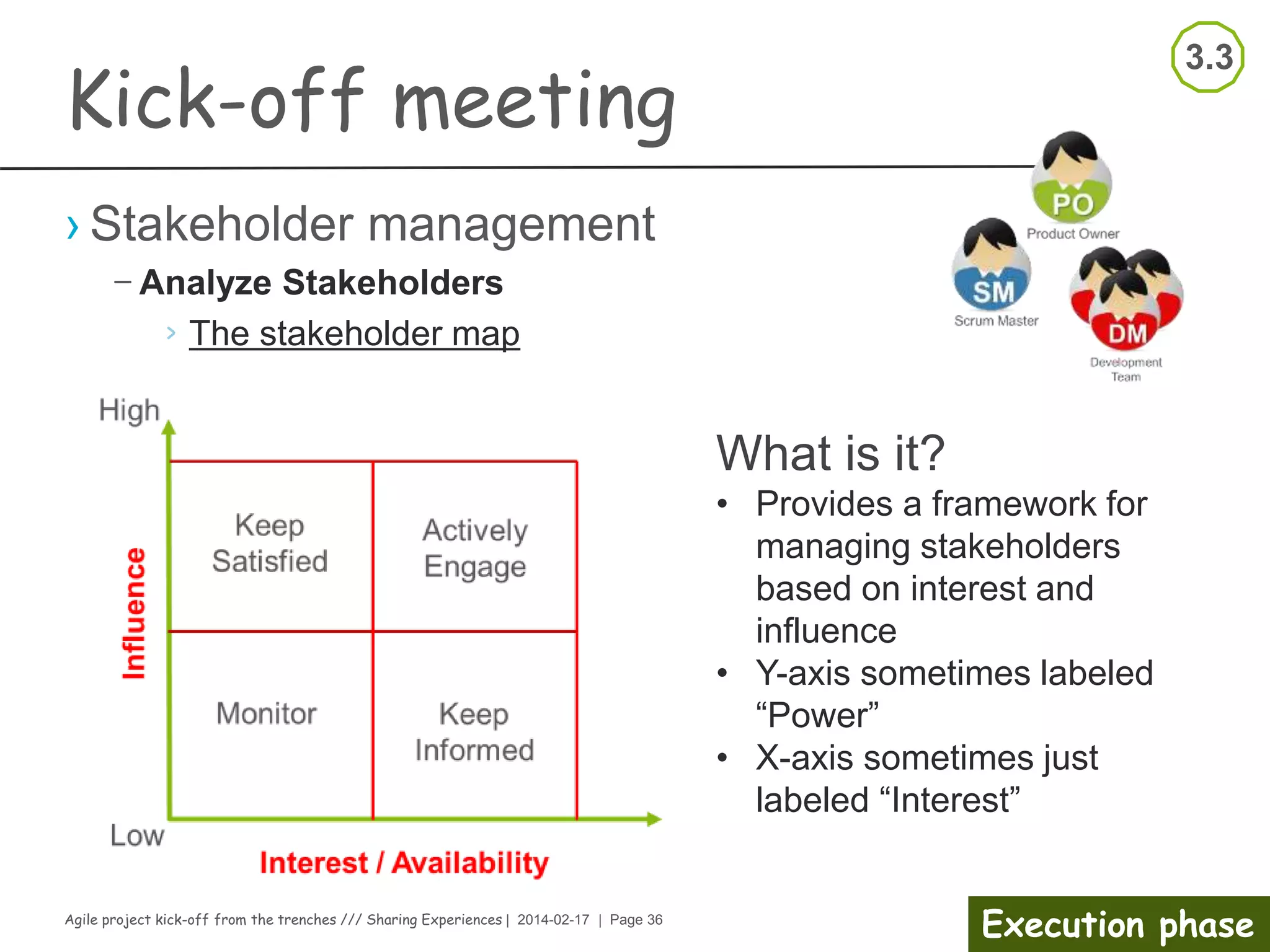Agile project kick-off from the trenches /// Sharing Experiences | 2014-02-17 | Page 36
Execution phase
Kick-off meeting
› Present and share
–Scope & Vision of the feature
–Feature’s business value
–Brief high-level feature presentation
–Presentation of the preliminary feature time-plan
–Other useful feature related information
 