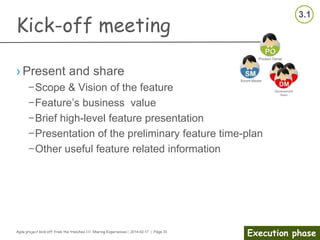 Agile project kick-off from the trenches /// Sharing Experiences | 2014-02-17 | Page 33
Execution phase
Call to kick-off meeting
› Organizer notes
– Need for meeting
– Meeting purpose
– Time
– Meeting length
– Participants
– Equipment
– Agenda
– Pre-meeting preparation
› Participant notes
– Review purpose, agenda,
participants, timing
– Confirm participation
– Meeting preparation
– Start your individual
preparation
– Check for open action points
 