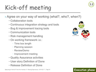 Agile project kick-off from the trenches /// Sharing Experiences | 2014-02-17 | Page 34
Execution phase
Kick-off meeting
Facilitator notes
› Organizer notes
– Start on time
– Welcome participants;
Repeat purpose
– Remind of roles
– Go through the agenda and
the expected outcome
– Keep notes and time
– Facilitate the discussions
– Maintain focus and pace
– Keep planned brakes
› Participant
– Be on time
– Participate actively
– Support the meeting facilitator
 