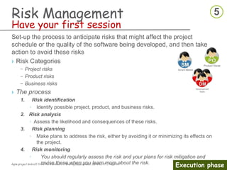 Agile project kick-off from the trenches /// Sharing Experiences | 2014-02-17 | Page 39
Execution phase
Kick-off meeting
› Stakeholder management
– Analyze Stakeholders
› The stakeholder map
What is it?
•Provides a framework for
managing stakeholders
based on interest and
influence
•Y-axis sometimes labeled
“Power”
•X-axis sometimes just
labeled “Interest”
 