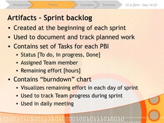 16.4.2015 - Site 14/28Introduction Theory Examples Summary
Artifacts – Sprint backlog
• Created at the beginning of each sprint
• Used to document and track planned work
• Contains set of Tasks for each PBI
• Status [To do, In progress, Done]
• Assigned Team member
• Remaining effort [hours]
• Contains “burndown” chart
• Visualizes remaining effort in each day of sprint
• Used to track Team progress during sprint
• Used in daily meeting
 