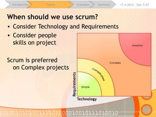 16.4.2015 - Site 7/28Introduction Theory Examples Summary
When should we use scrum?
• Consider Technology and Requirements
• Consider people
skills on project
Scrum is preferred
on Complex projects
 