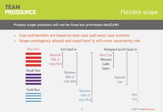 © 2011 TeamProsource2222
• Cost and benefits are based on best case and worst case scenario
• Scope contingency (shouid and could have’s) will cover uncertainty risk
Flexible scope
Product scope (solution) will not be fixed but prioritised (MoSCoW)
 