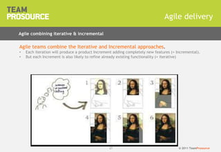 © 2011 TeamProsource2727
Agile delivery
Agile combining iterative & incremental
Agile teams combine the Iterative and Incremental approaches.
• Each iteration will produce a product Increment adding completely new features (= Incremental).
• But each Increment is also likely to refine already existing functionality (= iterative)
 