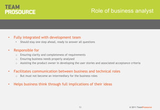 © 2011 TeamProsource5353
Role of business analyst
• Fully integrated with development team
• Should stay one step ahead, ready to answer all questions
• Responsible for
o Ensuring clarity and completeness of requirements
o Ensuring business needs properly analysed
o Assisting the product owner in developing the user stories and associated acceptance criteria
• Facilitates communication between business and technical roles
o But must not become an intermediary for the business roles
• Helps business think through full implications of their ideas
 