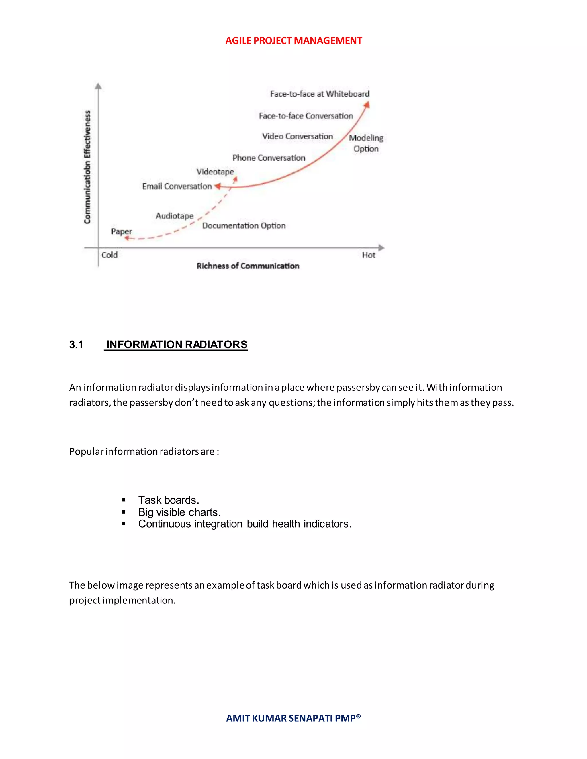 AGILE PROJECT MANAGEMENT
AMIT KUMAR SENAPATI PMP®
3.1 INFORMATION RADIATORS
An information radiatordisplaysinformationinaplace where passersbycansee it.Withinformation
radiators,the passersbydon’tneedtoaskany questions;the informationsimplyhitsthemastheypass.
Popularinformationradiatorsare :
 Task boards.
 Big visible charts.
 Continuous integration build health indicators.
The belowimage representsanexampleof taskboardwhichis usedasinformationradiatorduring
projectimplementation.
 