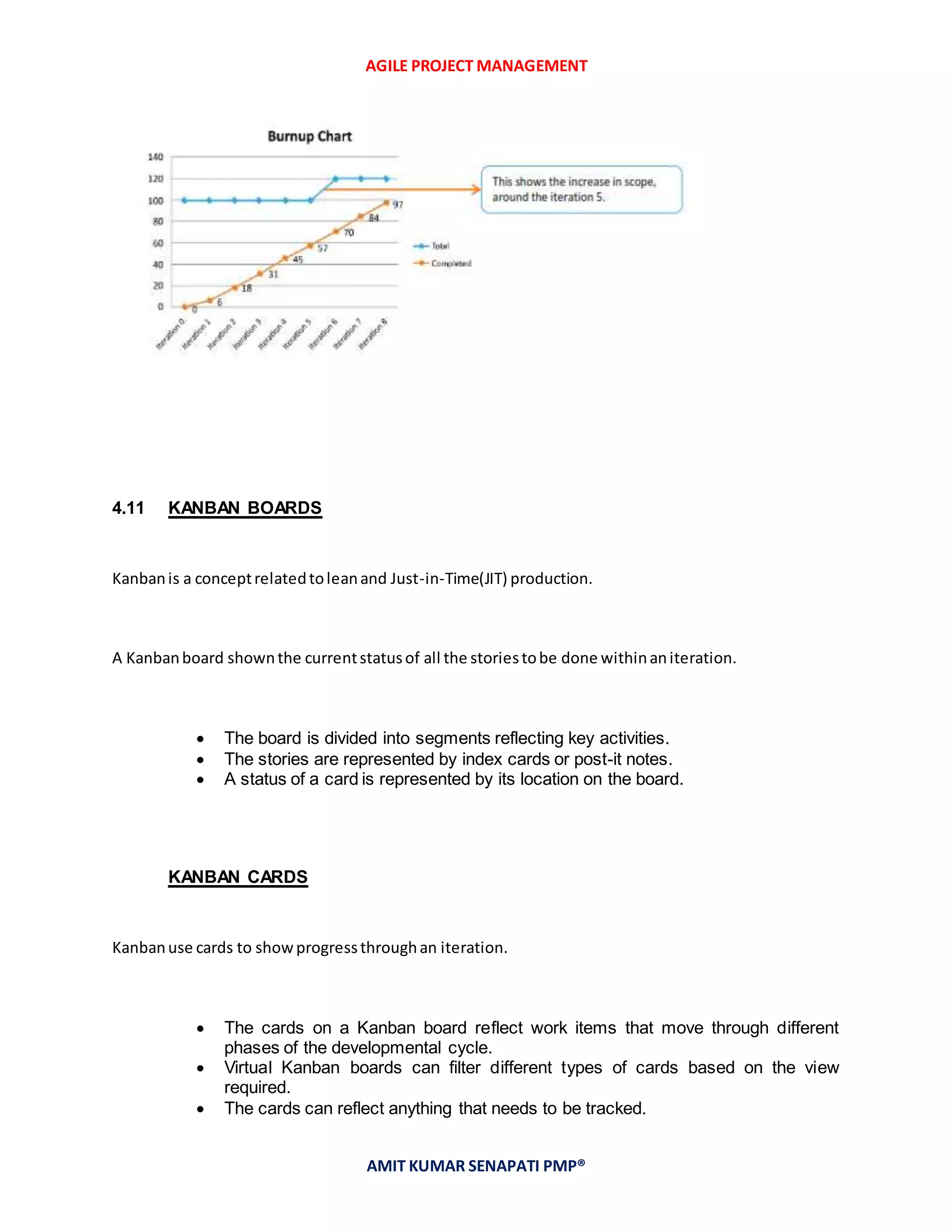 AGILE PROJECT MANAGEMENT
AMIT KUMAR SENAPATI PMP®
4.11 KANBAN BOARDS
Kanbanis a conceptrelatedtoleanand Just-in-Time(JIT) production.
A Kanbanboard shownthe currentstatusof all the storiestobe done withinaniteration.
 The board is divided into segments reflecting key activities.
 The stories are represented by index cards or post-it notes.
 A status of a card is represented by its location on the board.
KANBAN CARDS
Kanbanuse cards to showprogressthroughan iteration.
 The cards on a Kanban board reflect work items that move through different
phases of the developmental cycle.
 Virtual Kanban boards can filter different types of cards based on the view
required.
 The cards can reflect anything that needs to be tracked.
 