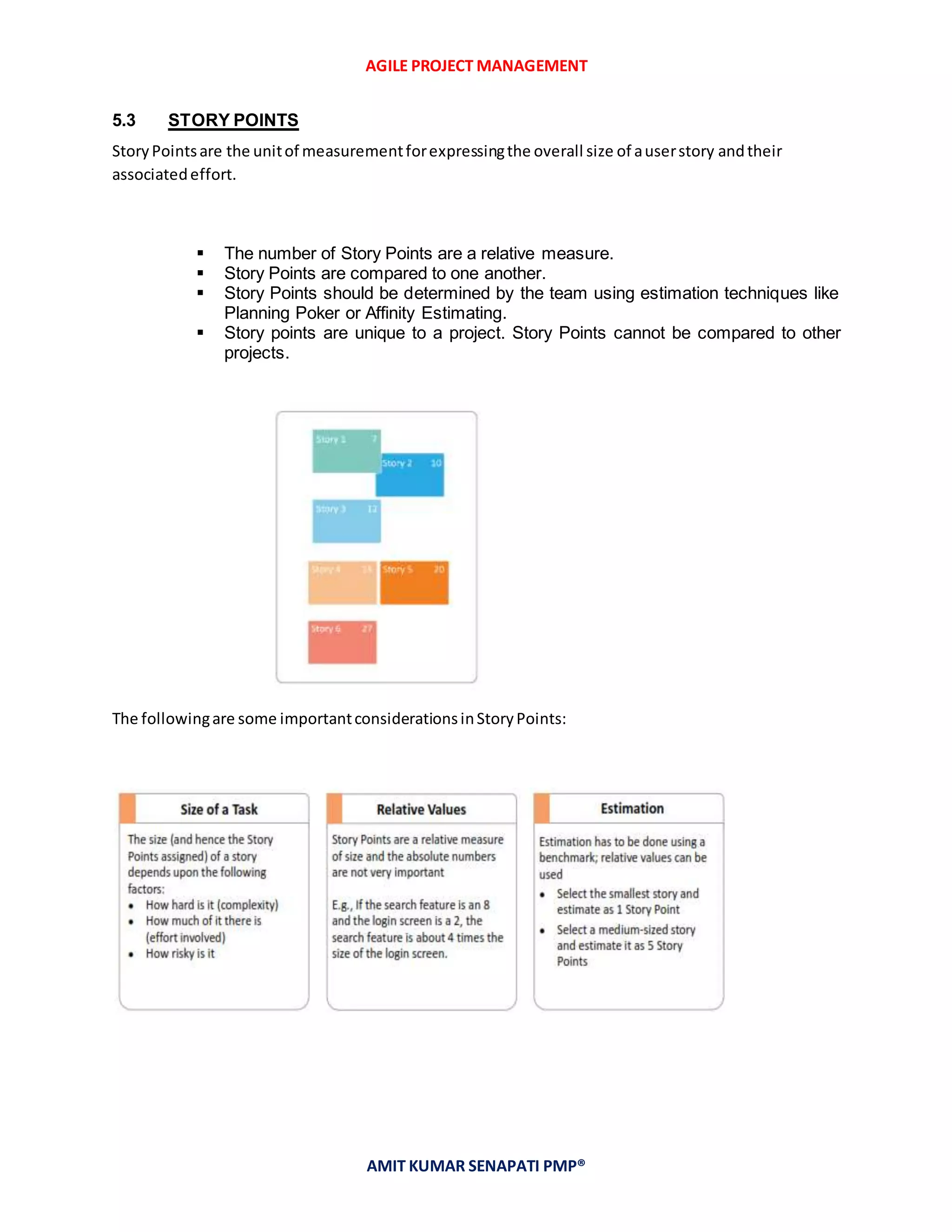 AGILE PROJECT MANAGEMENT
AMIT KUMAR SENAPATI PMP®
5.3 STORY POINTS
StoryPointsare the unitof measurementforexpressingthe overall size of auserstory andtheir
associatedeffort.
 The number of Story Points are a relative measure.
 Story Points are compared to one another.
 Story Points should be determined by the team using estimation techniques like
Planning Poker or Affinity Estimating.
 Story points are unique to a project. Story Points cannot be compared to other
projects.
The followingare some importantconsiderationsinStoryPoints:
 