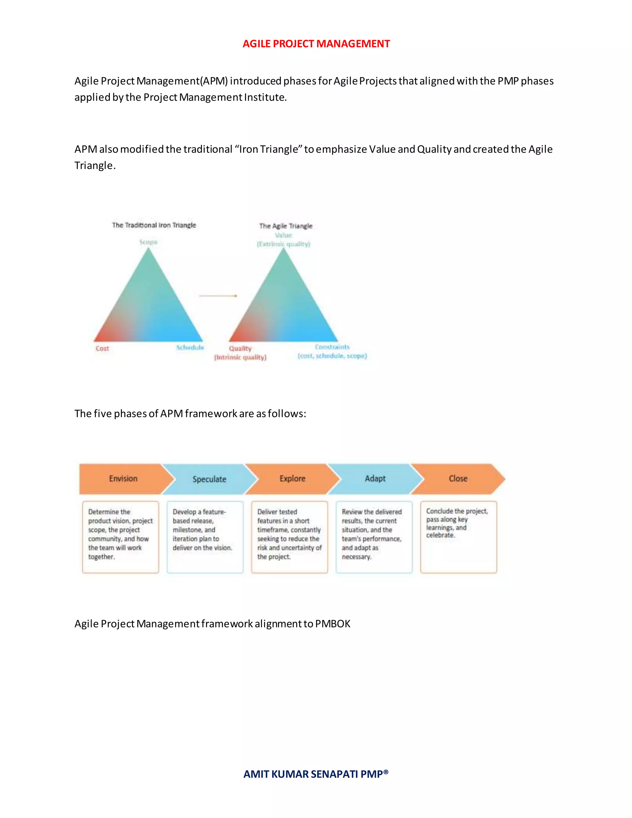 AGILE PROJECT MANAGEMENT
AMIT KUMAR SENAPATI PMP®
Agile ProjectManagement(APM) introducedphasesforAgileProjectsthatalignedwiththe PMPphases
appliedbythe ProjectManagementInstitute.
APMalsomodifiedthe traditional “IronTriangle”toemphasize Value andQualityandcreatedthe Agile
Triangle.
The five phasesof APMframeworkare asfollows:
Agile ProjectManagementframeworkalignmenttoPMBOK
 
