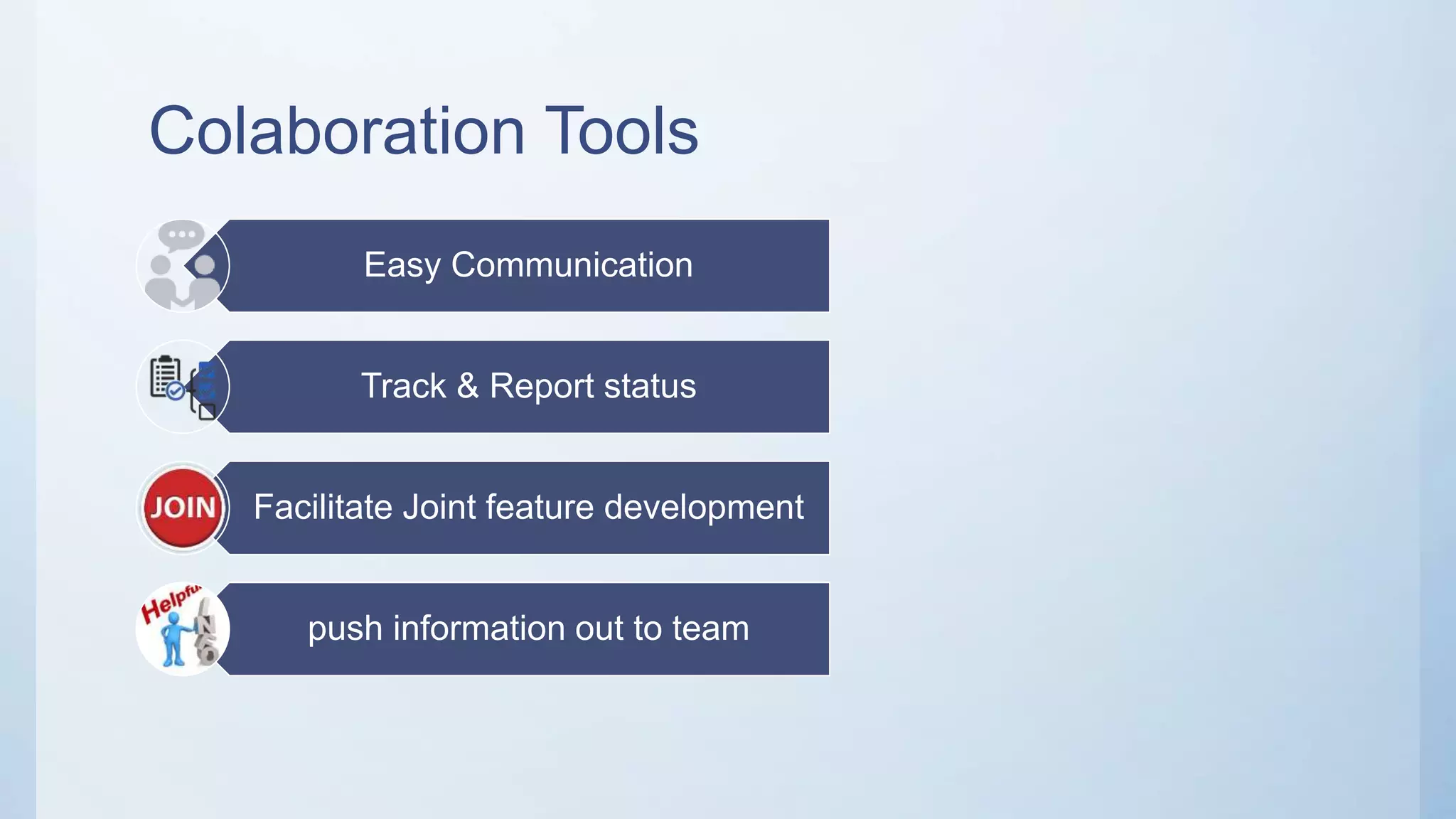 Colaboration Tools
Easy Communication
Track & Report status
Facilitate Joint feature development
push information out to team
 