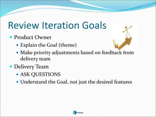 Review Iteration Goals
 Product Owner
 Explain the Goal (theme)
 Make priority adjustments based on feedback from
delivery team
 Delivery Team
 ASK QUESTIONS
 Understand the Goal, not just the desired features
 