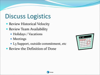 Discuss Logistics
 Review Historical Velocity
 Review Team Availability
 Holidays / Vacations
 Meetings
 L3 Support, outside commitment, etc
 Review the Definition of Done
 