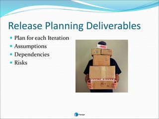 Release Planning Deliverables
 Plan for each Iteration
 Assumptions
 Dependencies
 Risks
 