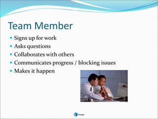 Team Member
 Signs up for work
 Asks questions
 Collaborates with others
 Communicates progress / blocking issues
 Makes it happen
 