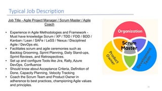 Typical Job Description
21
Job Title - Agile Project Manager / Scrum Master / Agile
Coach
• Experience in Agile Methodologies and Framework -
Must have knowledge Scrum / XP / TDD / FDD / BDD /
Kanban / Lean / SAFe / LeSS / Nexus / Disciplined
Agile / DevOps etc.
• Facilitates scrum and agile ceremonies such as
Backlog Grooming, Sprint Planning, Daily Stand-ups,
Sprint Reviews, and Retrospectives.
• Set up and configure Tools like Jira, Rally, Azure
DevOps, Confluence
• Should know about Acceptance Criteria, Definition of
Done, Capacity Planning, Velocity Tracking
• Coach the Scrum Team and Product Owner in
adherence to best practices, championing Agile values
and principles.
 